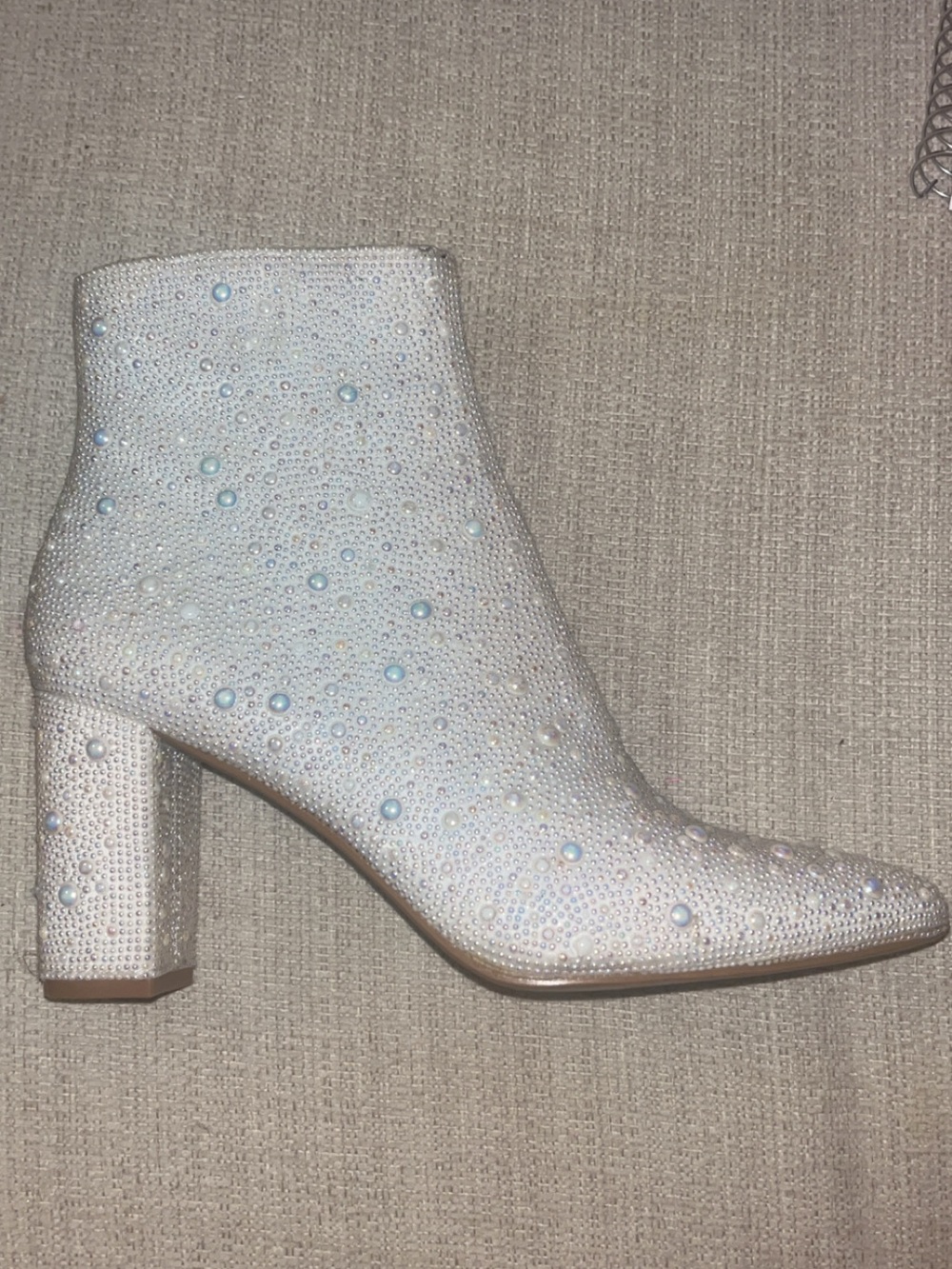 Betsey Johnson Ivory Pearl & Crystal Embellished Block Heel Ankle Booties